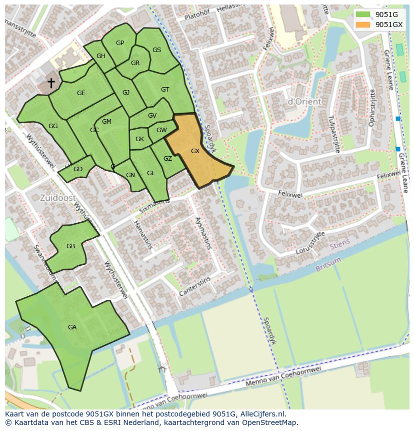 Afbeelding van het postcodegebied 9051 GX op de kaart.