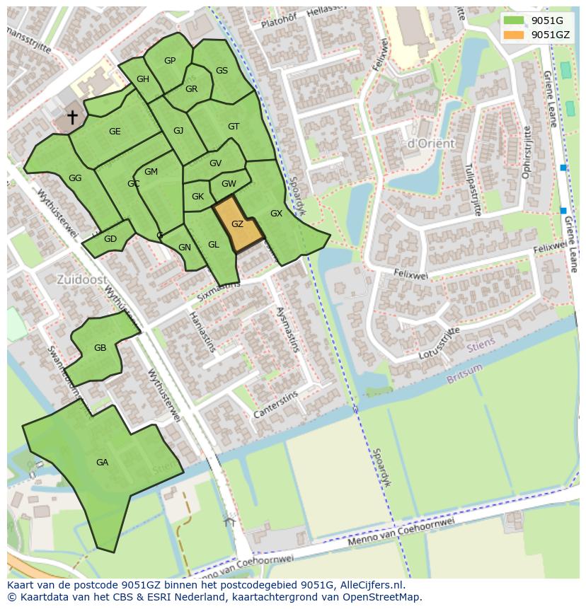 Afbeelding van het postcodegebied 9051 GZ op de kaart.