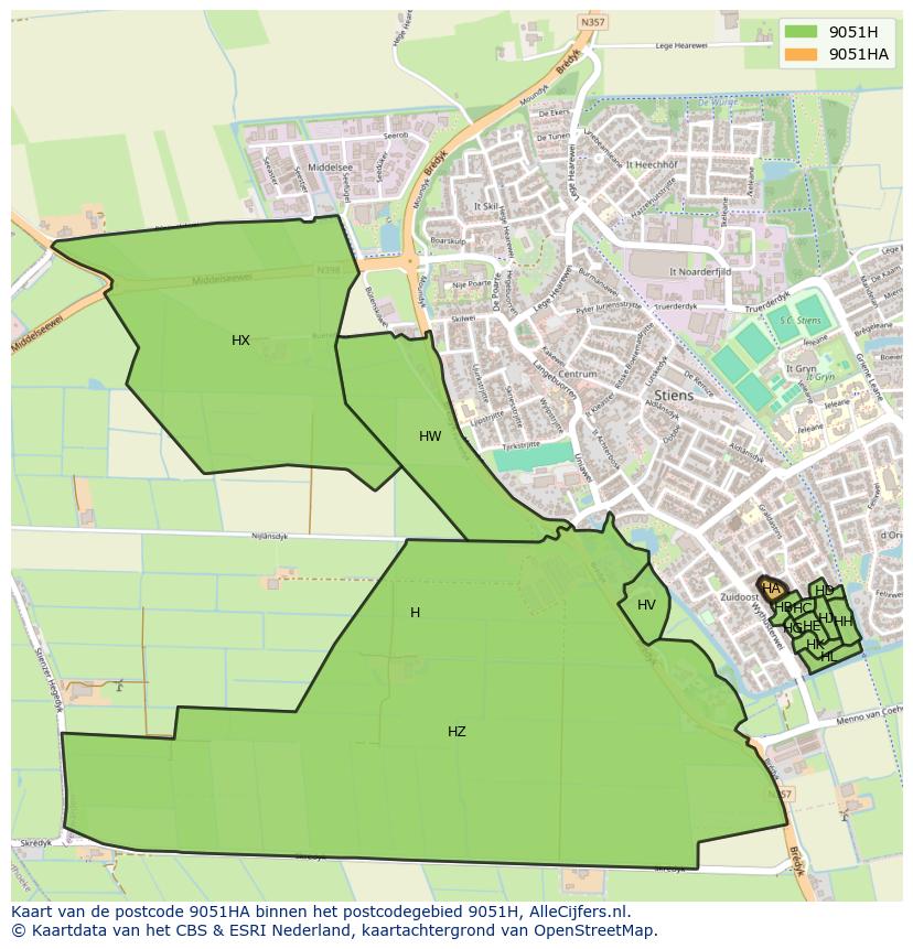 Afbeelding van het postcodegebied 9051 HA op de kaart.