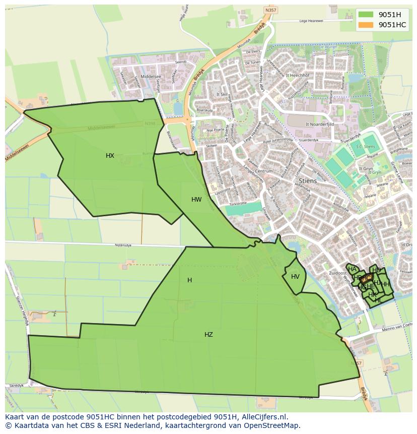 Afbeelding van het postcodegebied 9051 HC op de kaart.