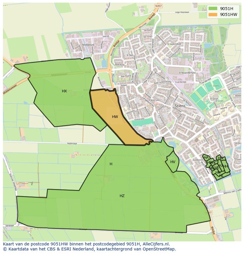 Afbeelding van het postcodegebied 9051 HW op de kaart.