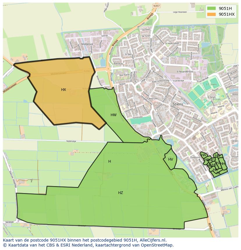 Afbeelding van het postcodegebied 9051 HX op de kaart.