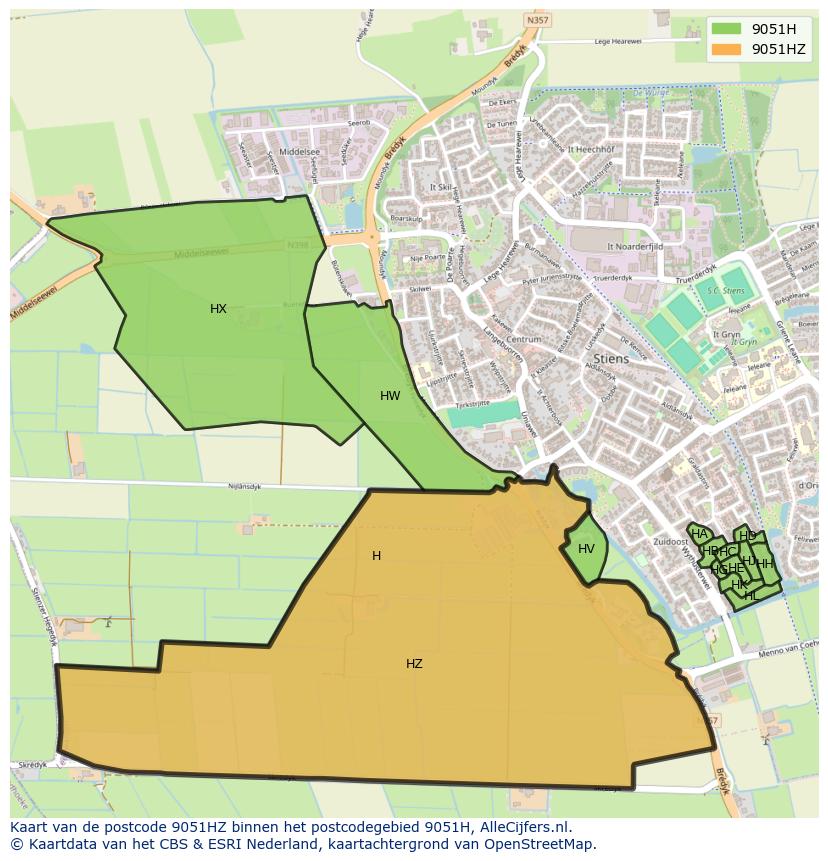 Afbeelding van het postcodegebied 9051 HZ op de kaart.