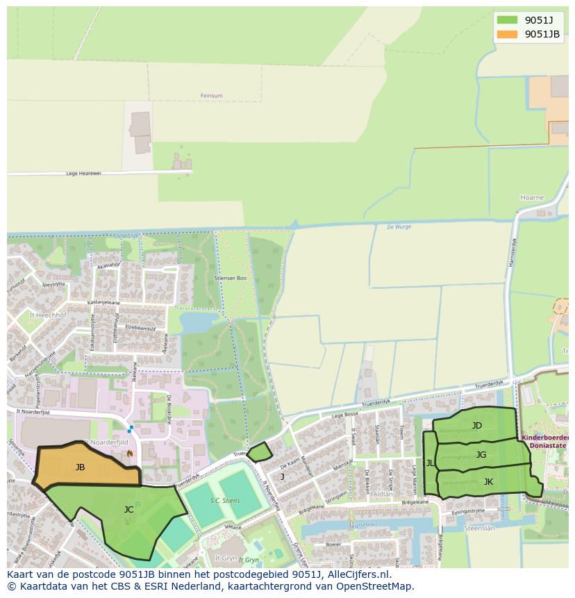 Afbeelding van het postcodegebied 9051 JB op de kaart.