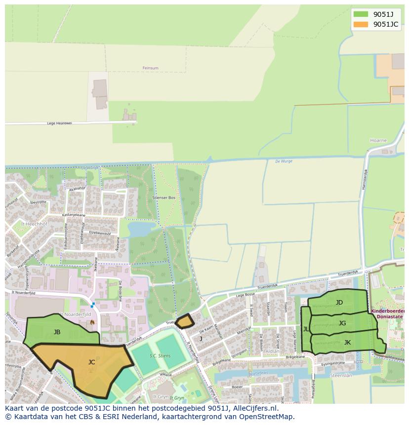 Afbeelding van het postcodegebied 9051 JC op de kaart.
