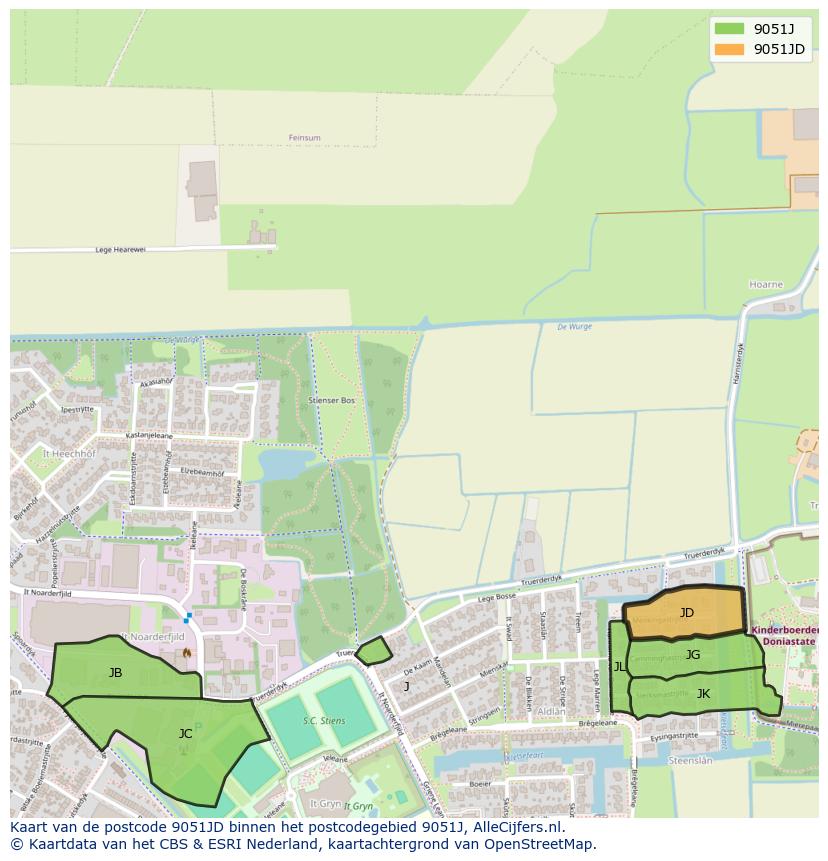 Afbeelding van het postcodegebied 9051 JD op de kaart.