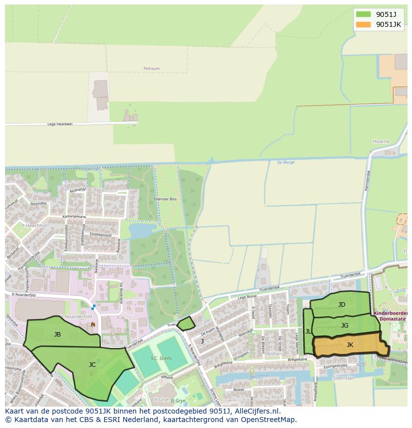 Afbeelding van het postcodegebied 9051 JK op de kaart.