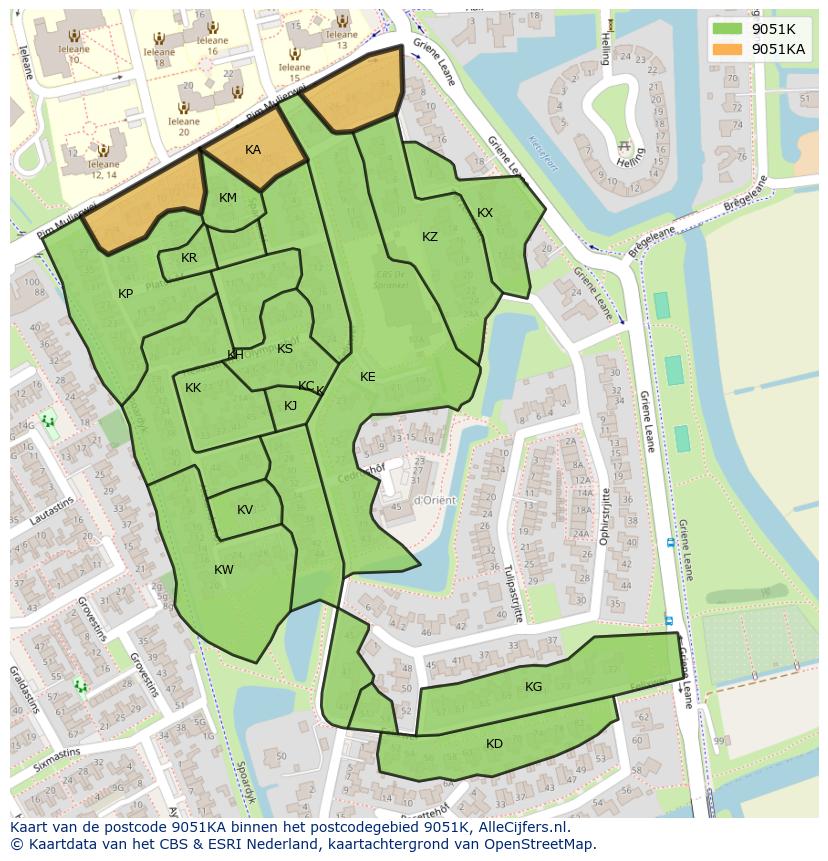 Afbeelding van het postcodegebied 9051 KA op de kaart.