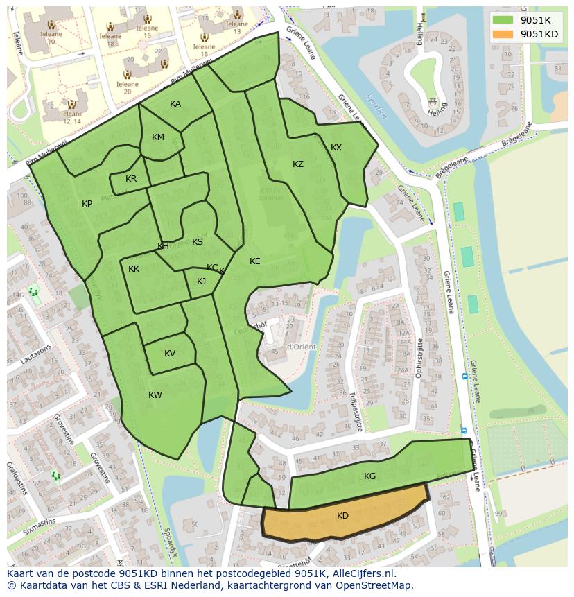 Afbeelding van het postcodegebied 9051 KD op de kaart.