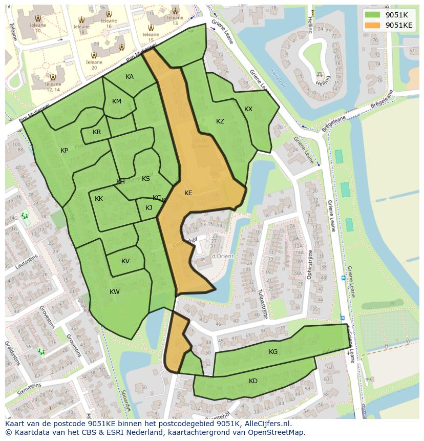 Afbeelding van het postcodegebied 9051 KE op de kaart.