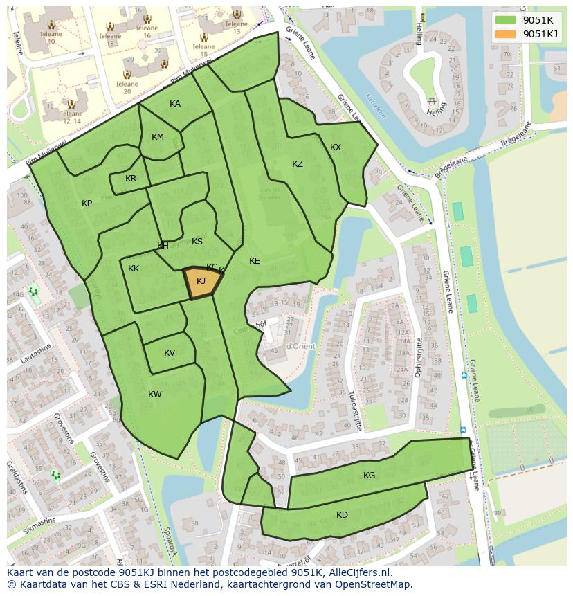 Afbeelding van het postcodegebied 9051 KJ op de kaart.