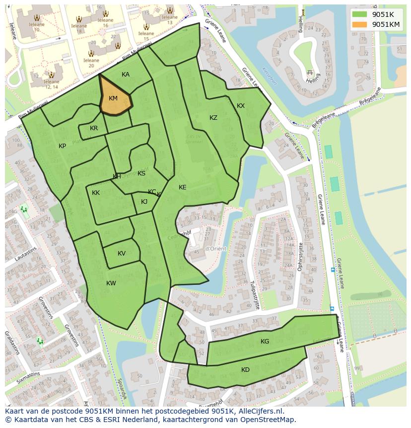 Afbeelding van het postcodegebied 9051 KM op de kaart.