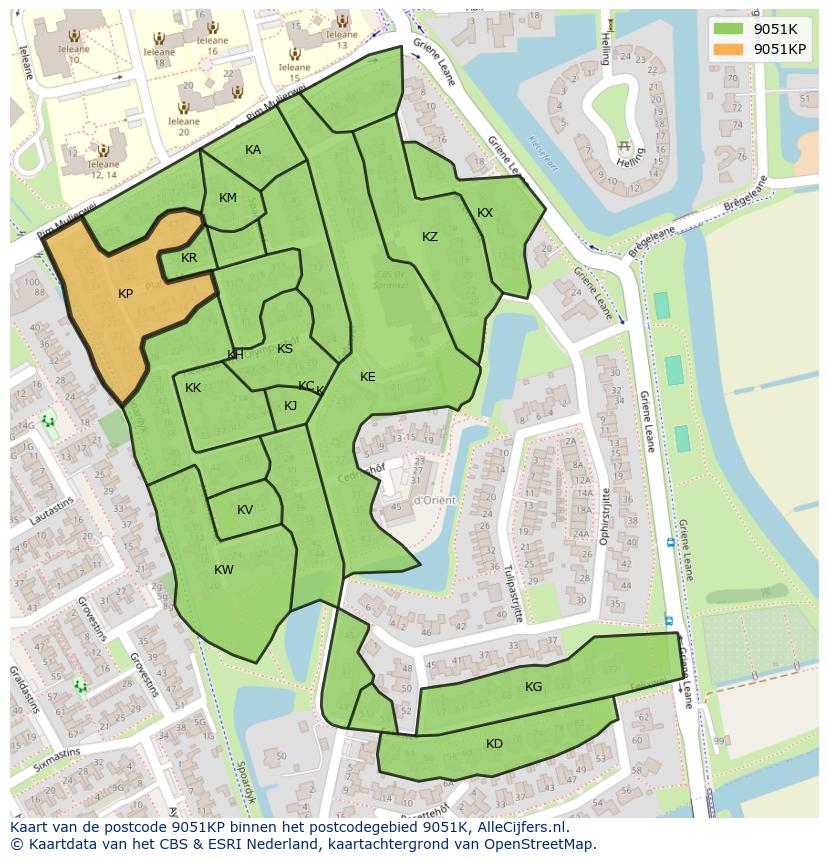 Afbeelding van het postcodegebied 9051 KP op de kaart.