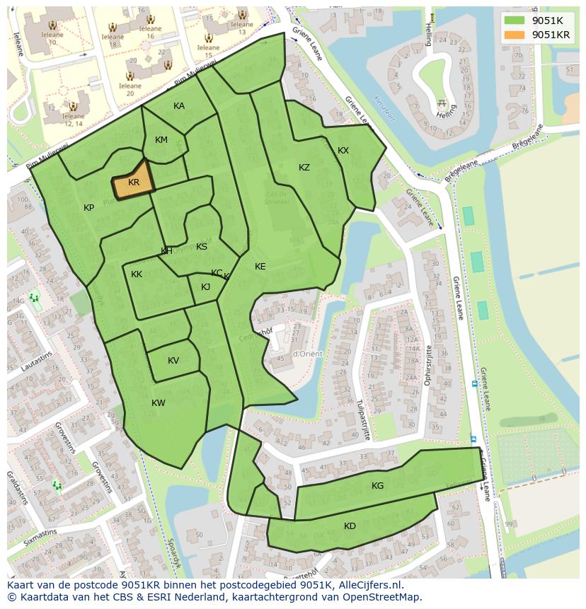 Afbeelding van het postcodegebied 9051 KR op de kaart.