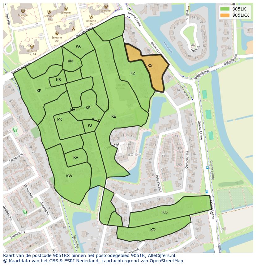Afbeelding van het postcodegebied 9051 KX op de kaart.