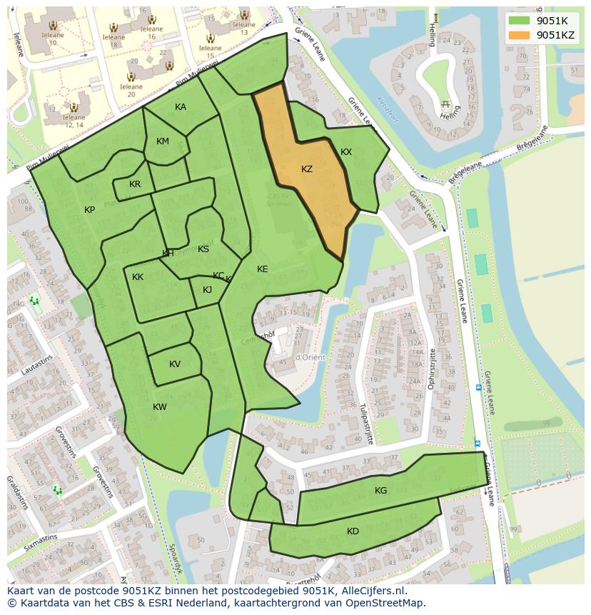 Afbeelding van het postcodegebied 9051 KZ op de kaart.