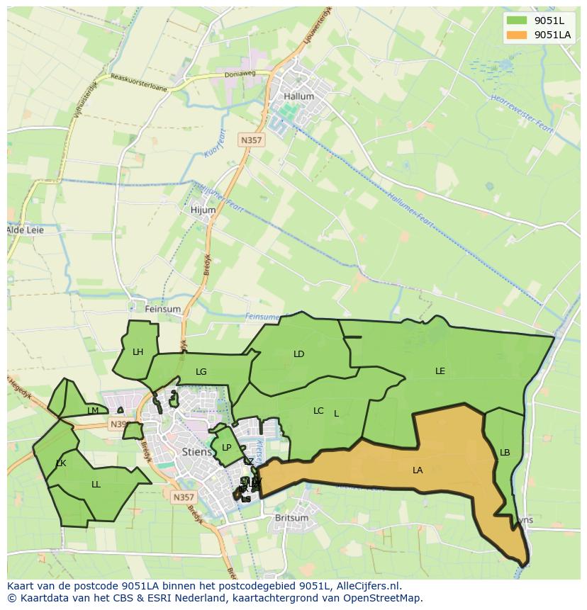 Afbeelding van het postcodegebied 9051 LA op de kaart.