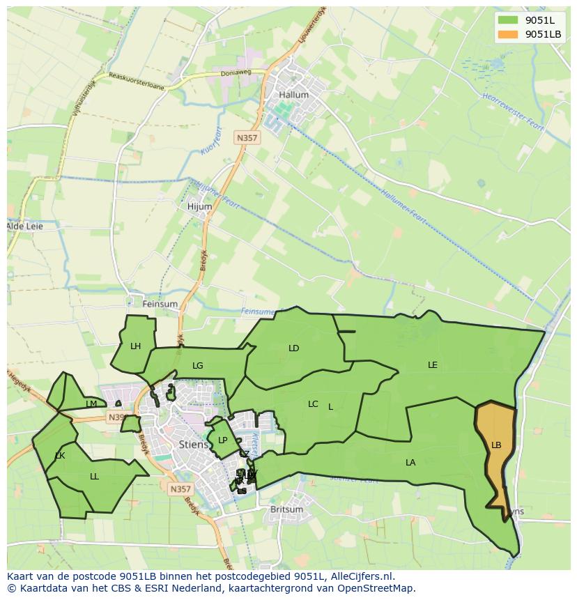 Afbeelding van het postcodegebied 9051 LB op de kaart.