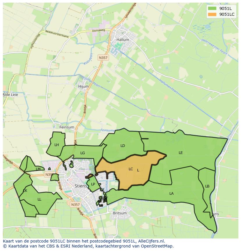Afbeelding van het postcodegebied 9051 LC op de kaart.