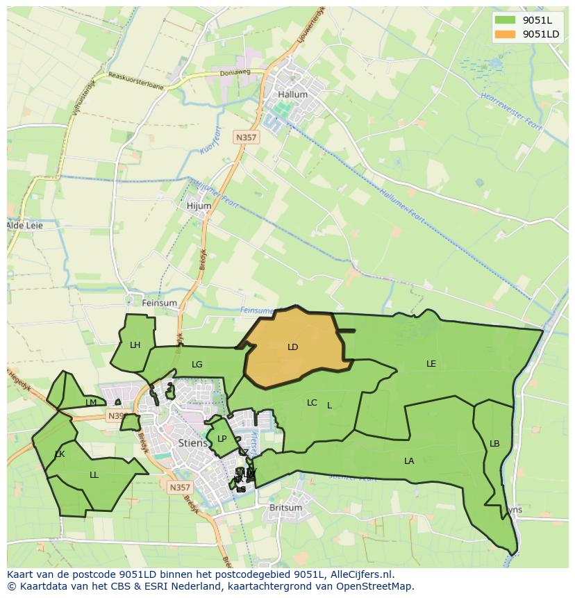 Afbeelding van het postcodegebied 9051 LD op de kaart.
