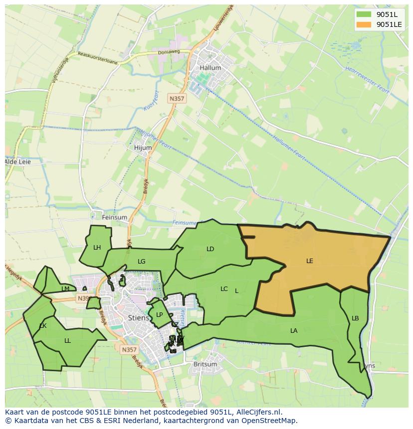 Afbeelding van het postcodegebied 9051 LE op de kaart.