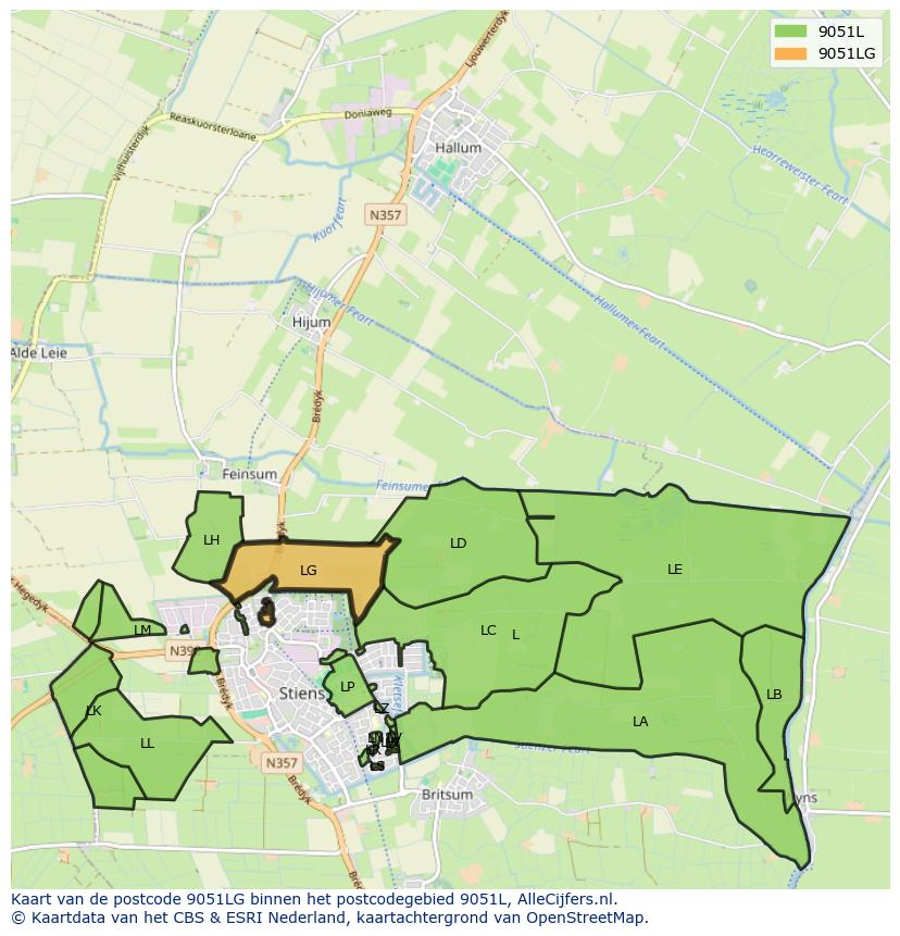 Afbeelding van het postcodegebied 9051 LG op de kaart.