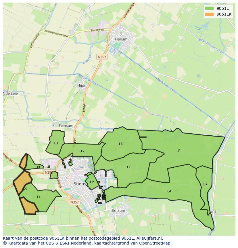 Afbeelding van het postcodegebied 9051 LK op de kaart.