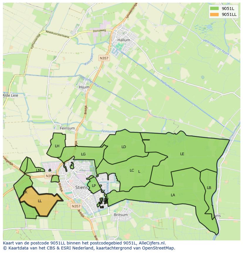 Afbeelding van het postcodegebied 9051 LL op de kaart.