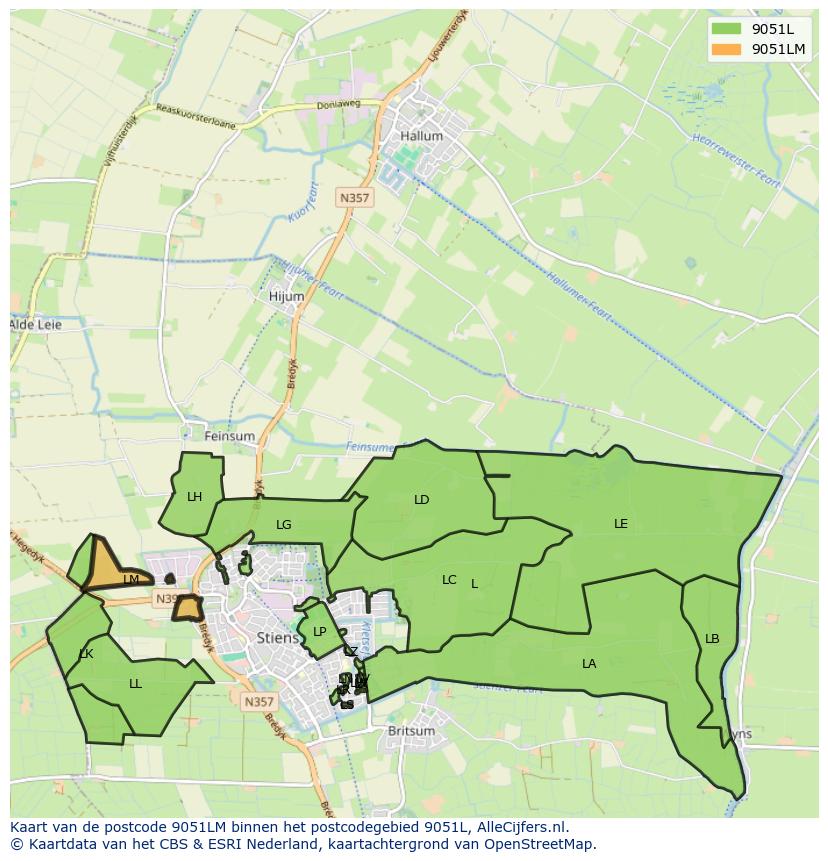 Afbeelding van het postcodegebied 9051 LM op de kaart.