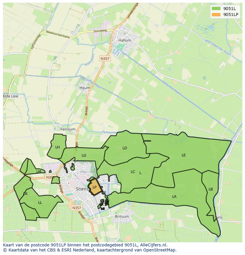 Afbeelding van het postcodegebied 9051 LP op de kaart.
