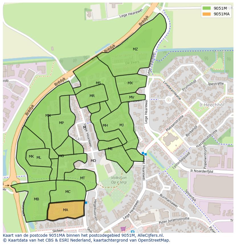 Afbeelding van het postcodegebied 9051 MA op de kaart.