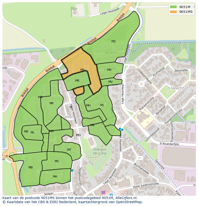 Afbeelding van het postcodegebied 9051 MS op de kaart.