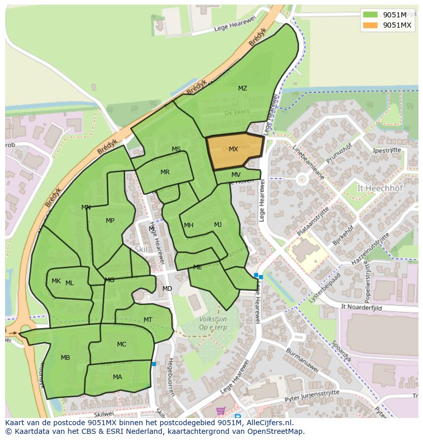 Afbeelding van het postcodegebied 9051 MX op de kaart.
