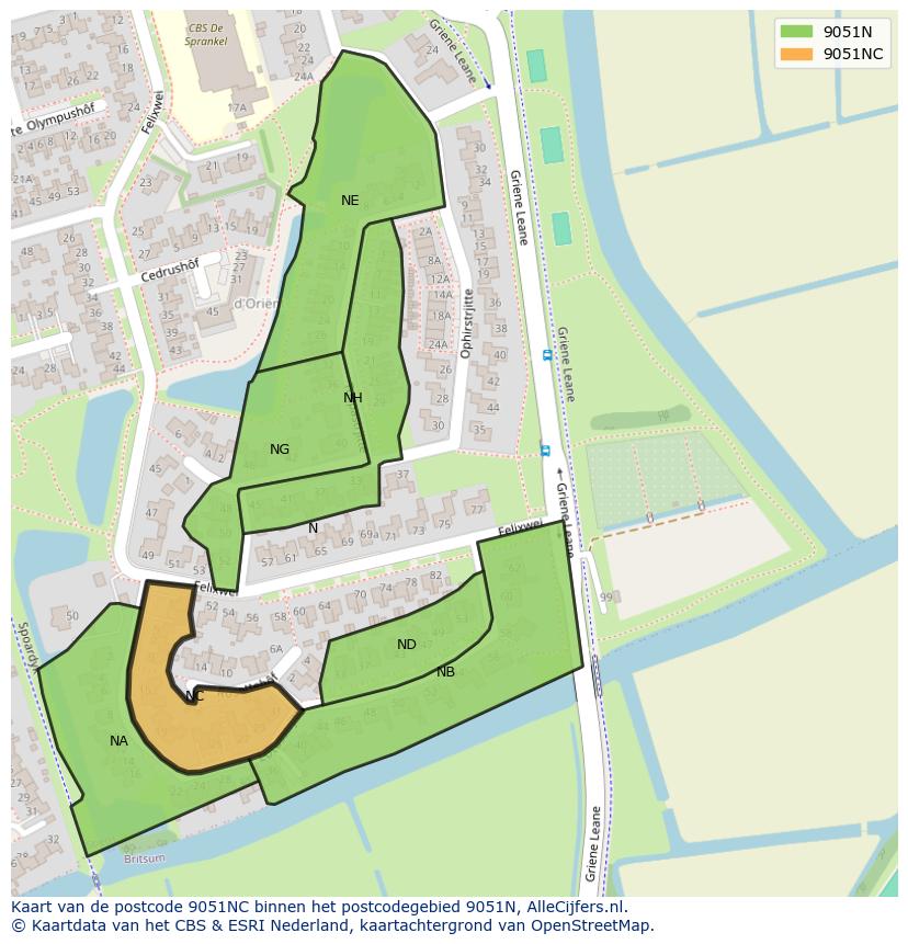 Afbeelding van het postcodegebied 9051 NC op de kaart.