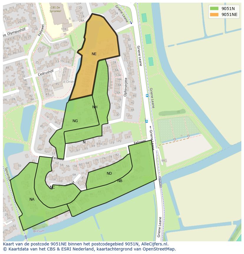 Afbeelding van het postcodegebied 9051 NE op de kaart.