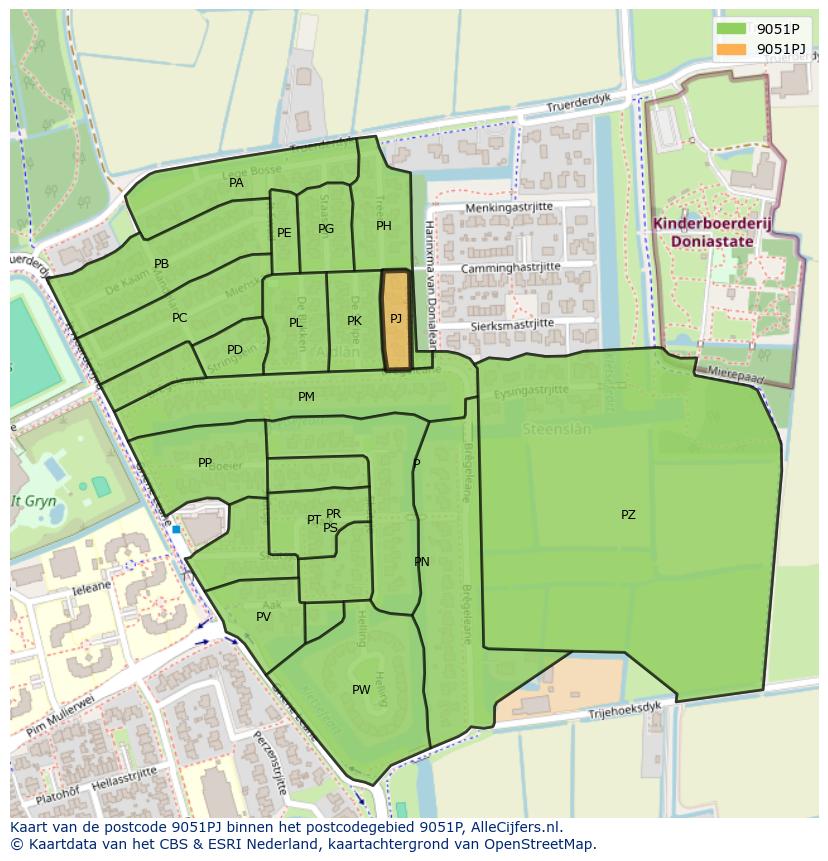 Afbeelding van het postcodegebied 9051 PJ op de kaart.