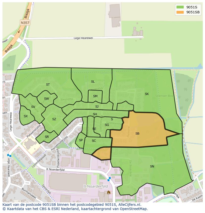 Afbeelding van het postcodegebied 9051 SB op de kaart.