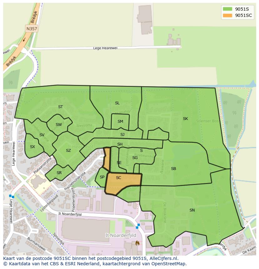 Afbeelding van het postcodegebied 9051 SC op de kaart.