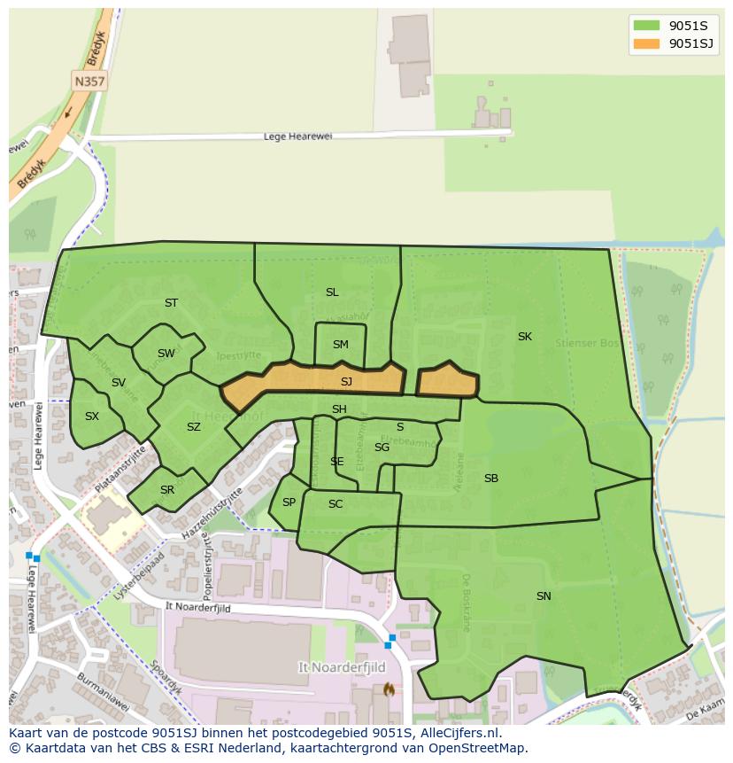 Afbeelding van het postcodegebied 9051 SJ op de kaart.