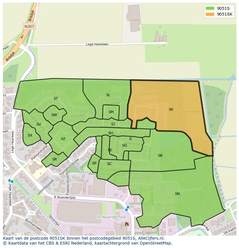 Afbeelding van het postcodegebied 9051 SK op de kaart.