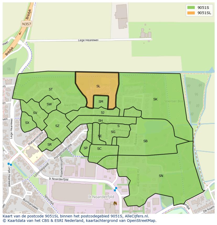 Afbeelding van het postcodegebied 9051 SL op de kaart.