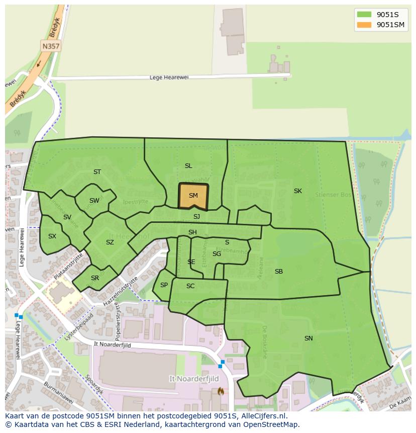 Afbeelding van het postcodegebied 9051 SM op de kaart.