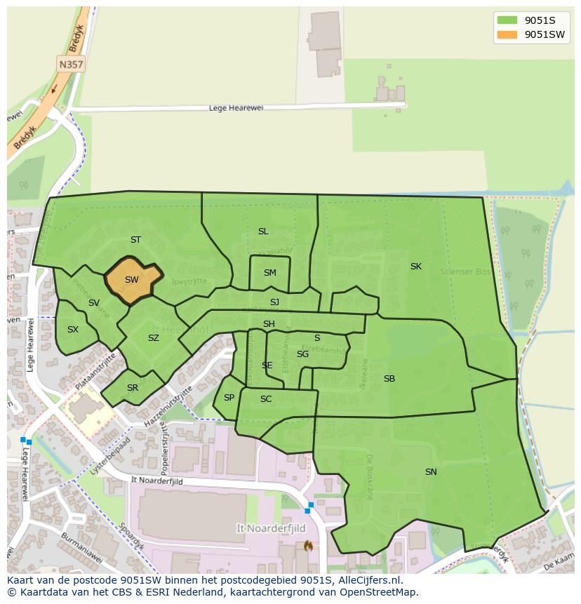 Afbeelding van het postcodegebied 9051 SW op de kaart.