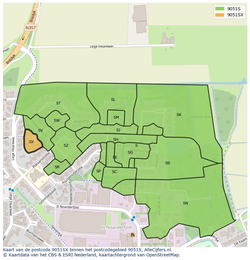 Afbeelding van het postcodegebied 9051 SX op de kaart.