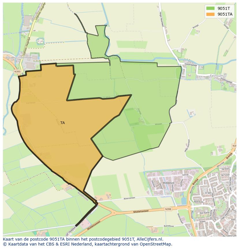 Afbeelding van het postcodegebied 9051 TA op de kaart.