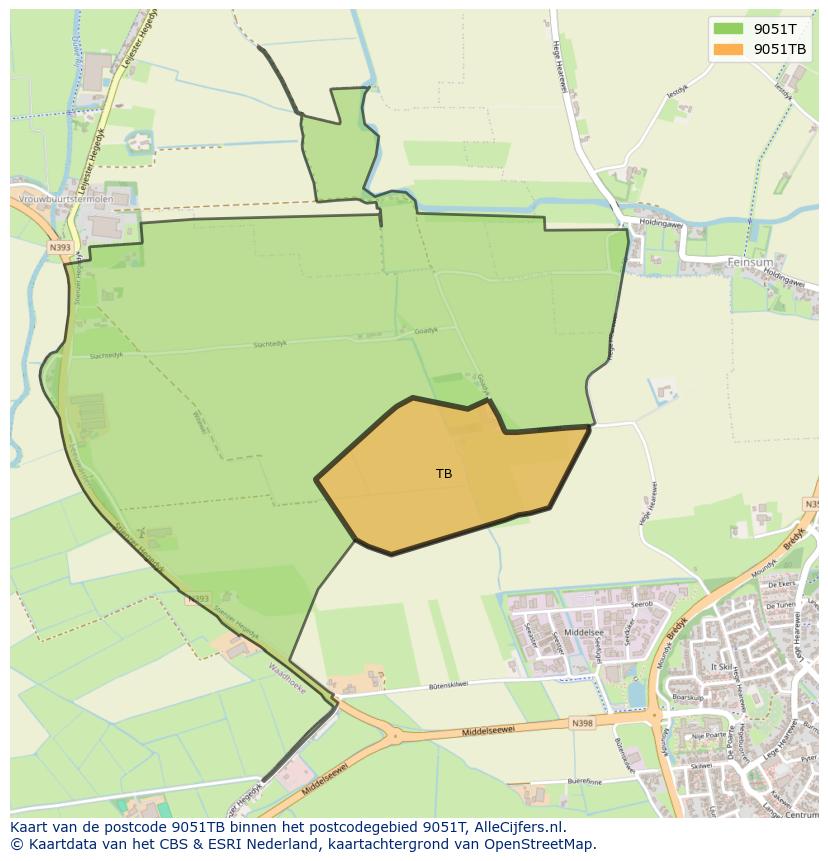 Afbeelding van het postcodegebied 9051 TB op de kaart.