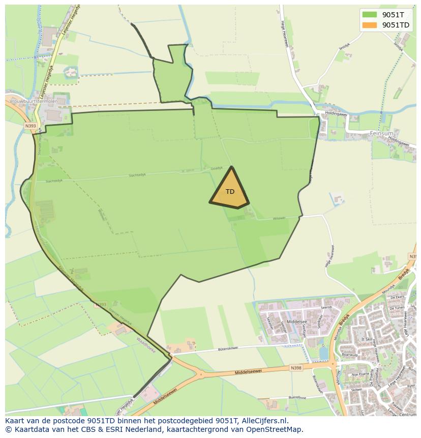 Afbeelding van het postcodegebied 9051 TD op de kaart.