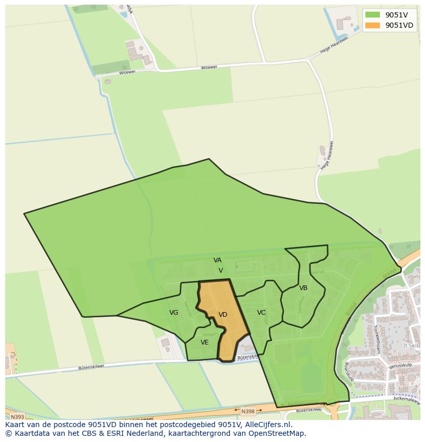 Afbeelding van het postcodegebied 9051 VD op de kaart.