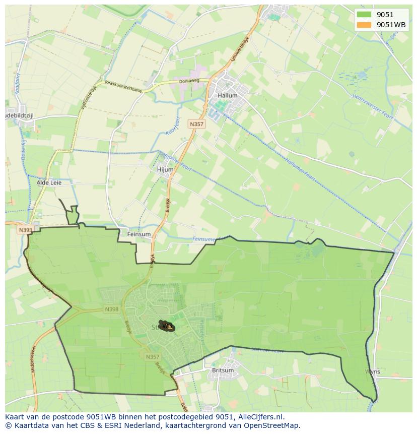 Afbeelding van het postcodegebied 9051 WB op de kaart.