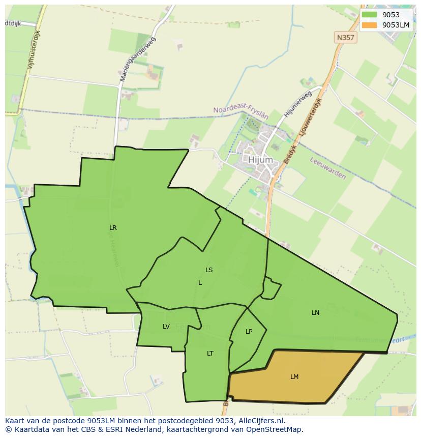 Afbeelding van het postcodegebied 9053 LM op de kaart.
